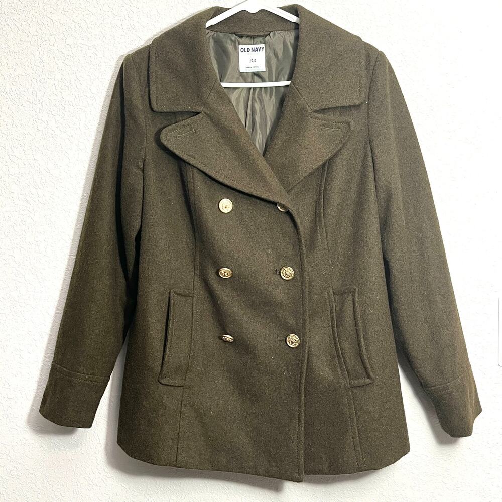 Old Navy Green Double Breasted Wool Pea Coat Large Military Chic Preppy Tailored